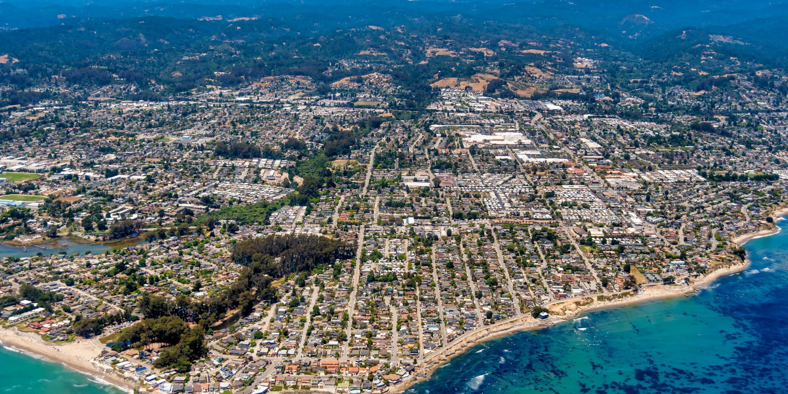 Santa Cruz California Aerial View The aerial view of the city of Santa Cruz in Northern California on a sunny day.