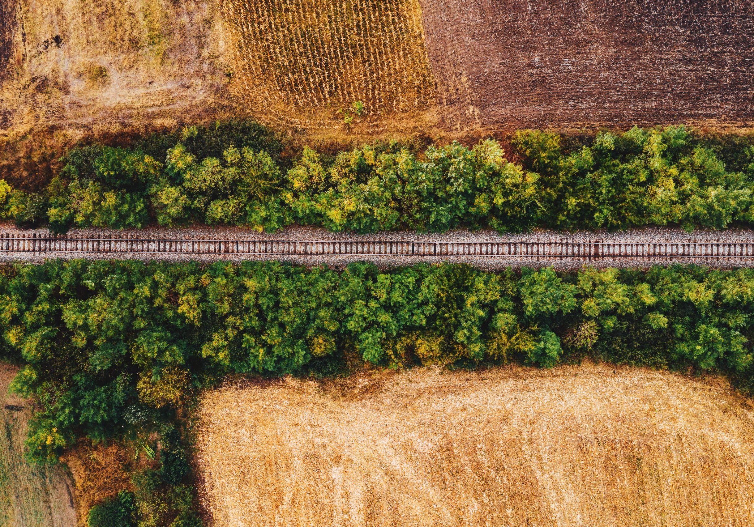 Old railroad track through countryside in autumn, aerial view from drone pov