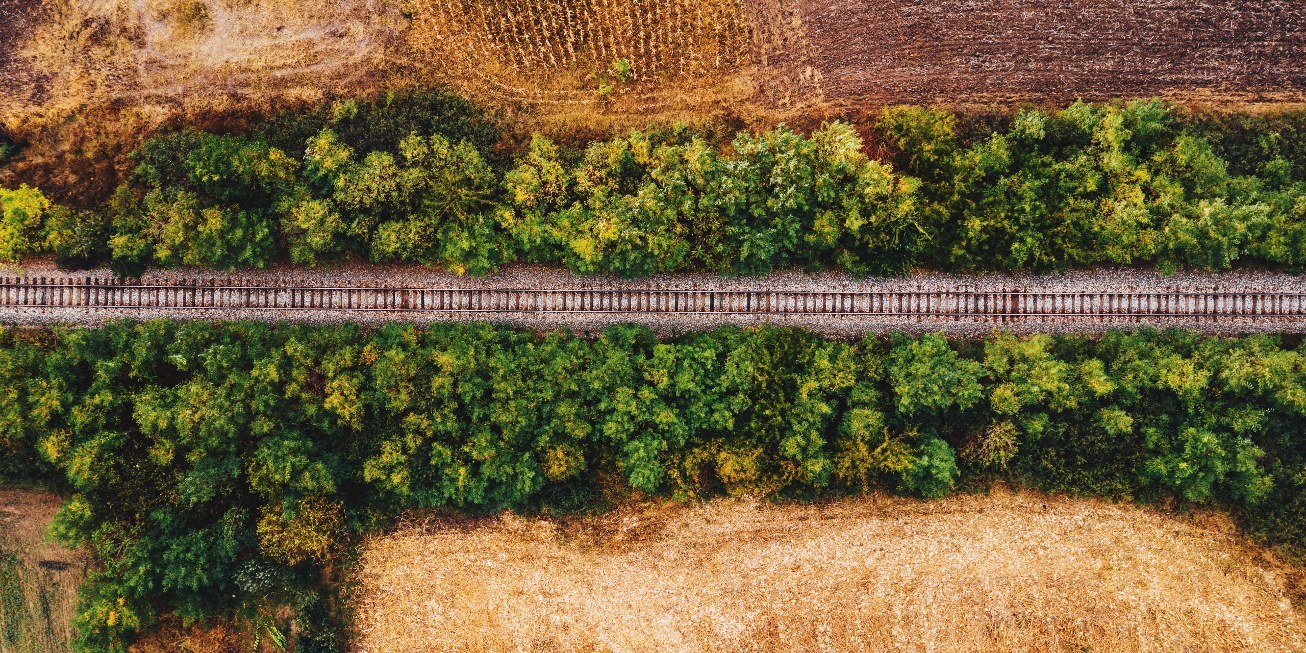 Old railroad track through countryside in autumn, aerial view from drone pov