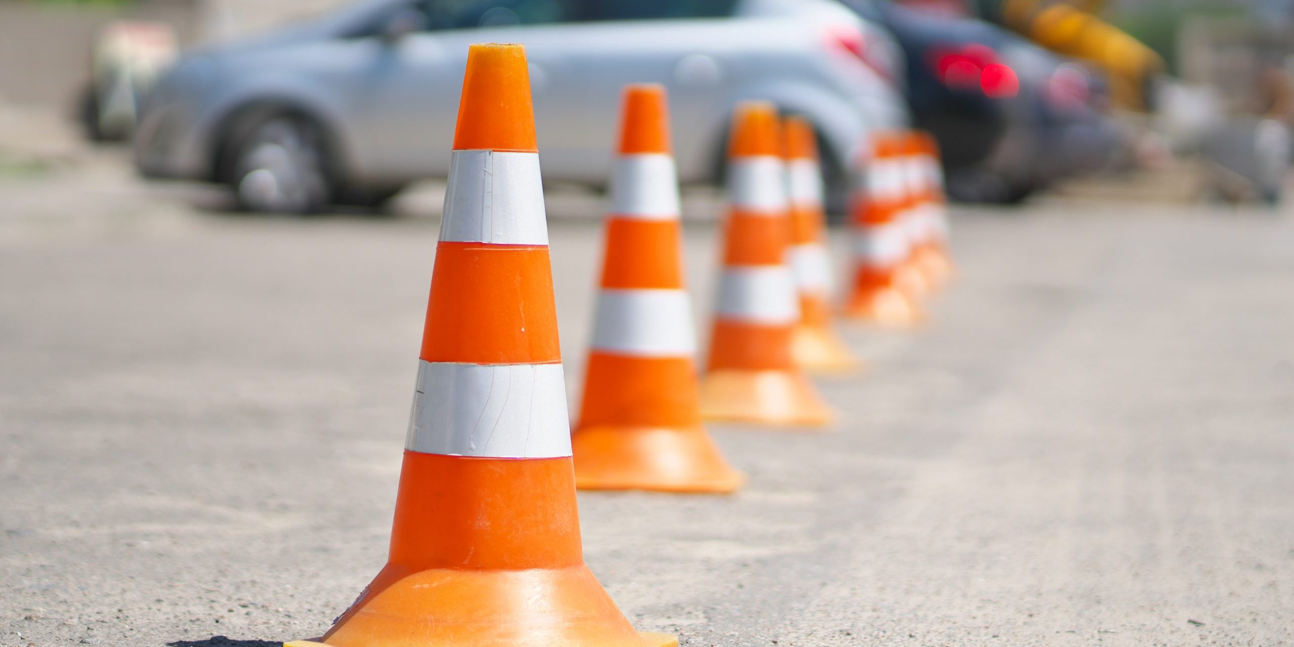 Row of Traffic cone in the road. Repair scene.